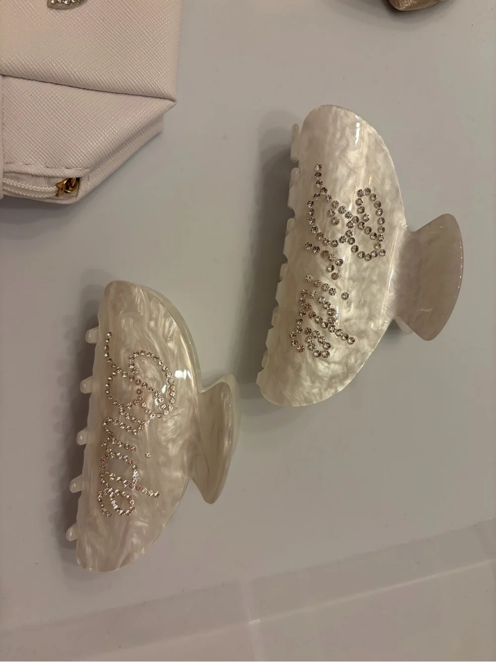 Bridal Kit:Cream Cosmetic Pouch Pearl 'MRS' Detail, 2 Bride Claw Clips, Scunchie